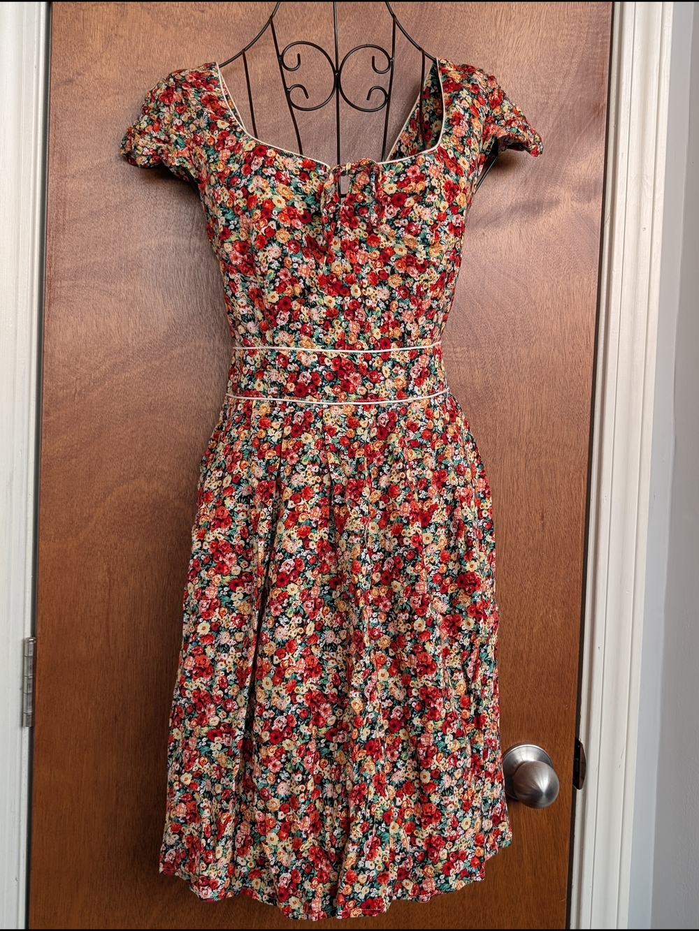American Rag Red Floral Midi Dress with Cream Trim